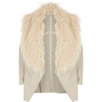 Cream faux fur trim fallaway jacket
